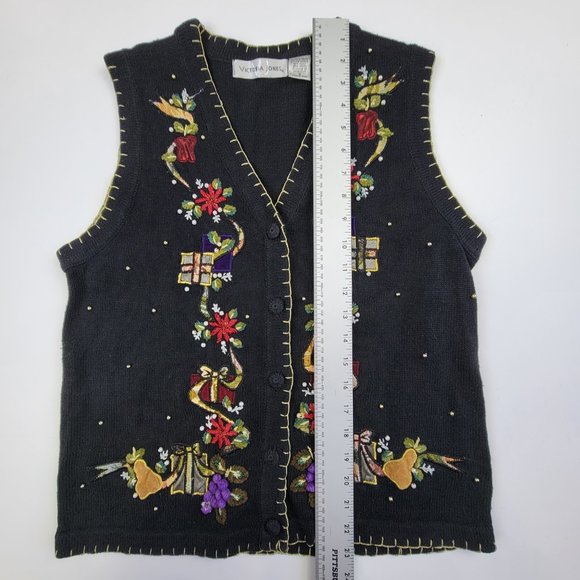 Ugly Christmas Holiday Sweater Vest Embroidered Poinsettia Presents Vintage sz S - Picture 5 of 6